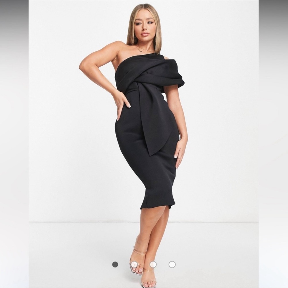 ASOS DESIGN peekaboo shoulder gathered midi pencil dress in black